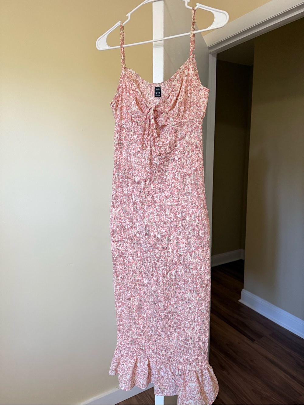 SHEIN Pink Tie-Front Smocked Maxi Dress